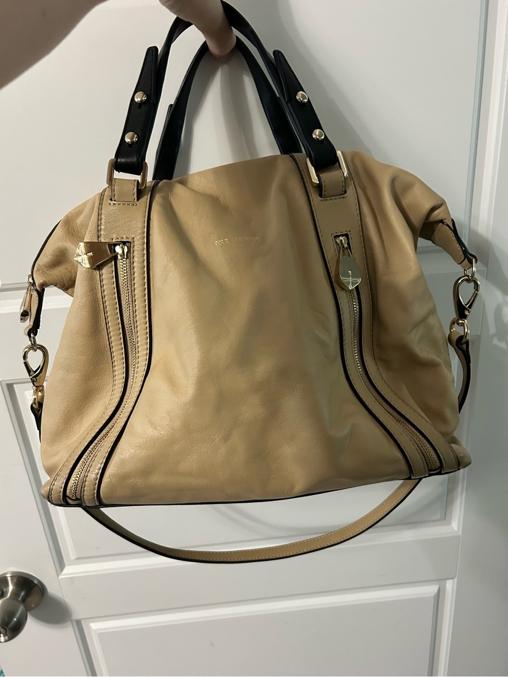 Pour La Victorie Leather Handbag in Tan with Black Handles